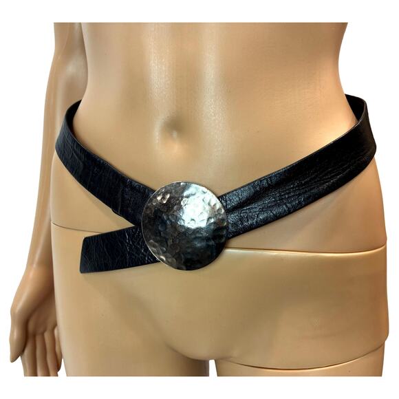 Vintage Thierry Mugler Black Leather Belt Hammered Silver Disc Buckle M main image 6